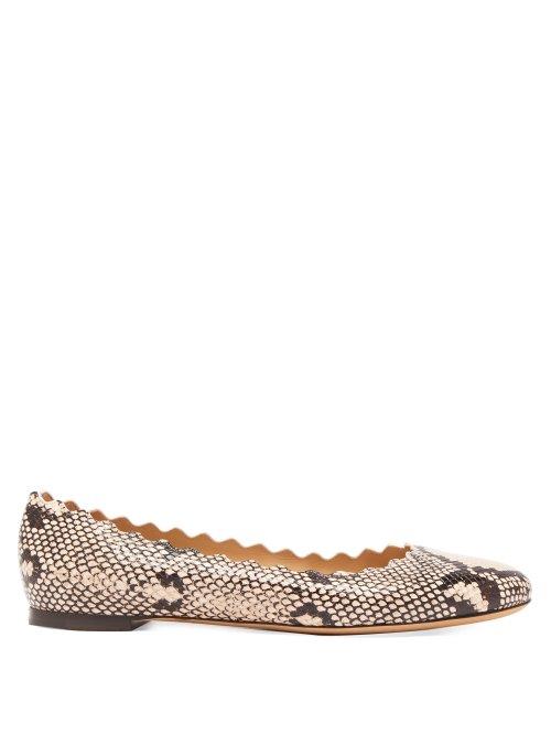 Matchesfashion.com Chlo - Lauren Python Effect Scallop Edge Leather Flats - Womens - White Multi