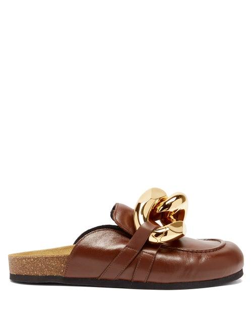 Ladies Shoes Jw Anderson - Chain Backless Leather Loafers - Womens - Brown