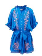 Juliet Dunn - Floral-embroidered Cotton-poplin Mini Dress - Womens - Blue Pink