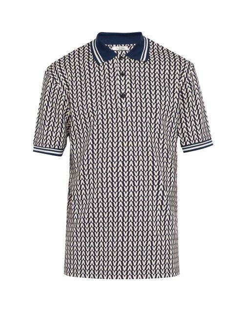 Matchesfashion.com Valentino - Optical Print Cotton Piqu Polo Shirt - Mens - Navy Multi