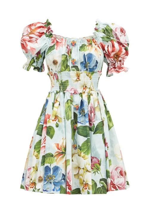 Matchesfashion.com Dolce & Gabbana - Floral-print Puff-sleeve Cotton-poplin Dress - Womens - Blue Print