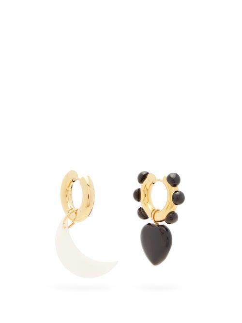 Matchesfashion.com Timeless Pearly - Mismatched Moon And Heart Gold-plated Earrings - Womens - White Black