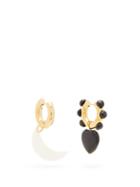 Matchesfashion.com Timeless Pearly - Mismatched Moon And Heart Gold-plated Earrings - Womens - White Black