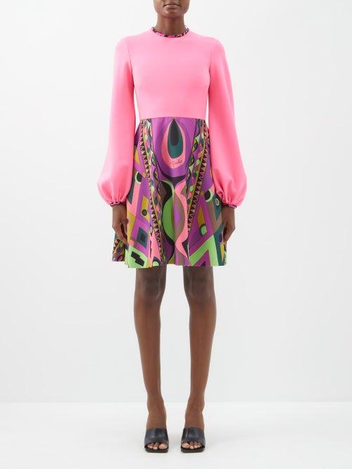 Pucci - Rombi-print Balloon-sleeved Crepe Dress - Womens - Pink Multi