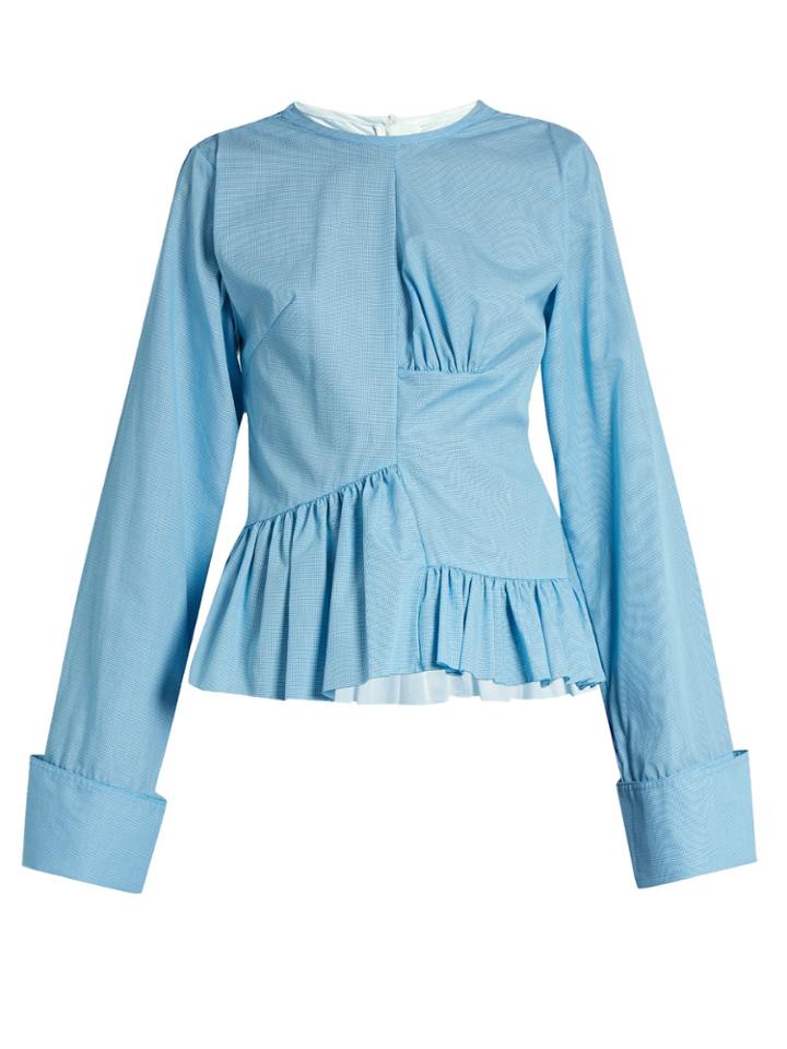 Marques'almeida Asymmetric Ruched-panel Micro-gingham Cotton Shirt