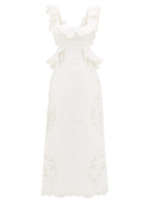 Matchesfashion.com Zimmermann - Super Eight Ruffled Embroidered Midi Dress - Womens - Ivory