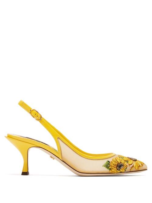 Matchesfashion.com Dolce & Gabbana - Sunflower Mesh And Leather Slingback Pumps - Womens - Yellow Multi