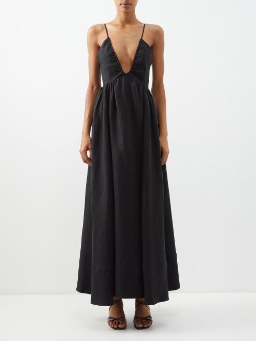 Another Tomorrow - Plunge-front Halterneck Organic-linen Dress - Womens - Black