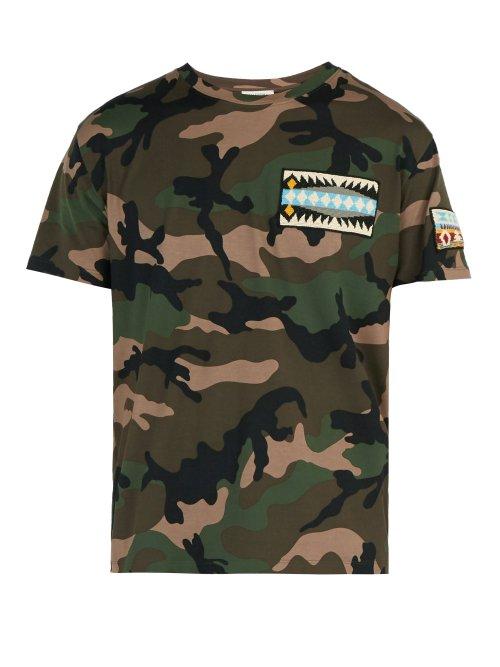 Matchesfashion.com Valentino - Beaded Camouflage Print Cotton T Shirt - Mens - Green