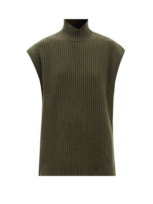 Ganni - Ribbed-knit Recycled Wool-blend Sleeveless Sweater - Womens - Dark Green