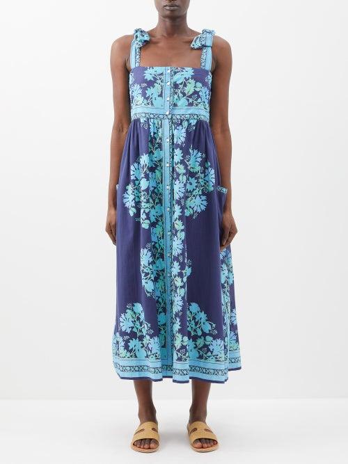 Juliet Dunn - Tie-shoulder Block-print Cotton Midi Dress - Womens - Blue Multi