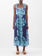 Juliet Dunn - Tie-shoulder Block-print Cotton Midi Dress - Womens - Blue Multi