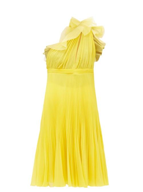 Matchesfashion.com Giambattista Valli - Pleated Silk One Shoulder Ruffle Dress - Womens - Yellow
