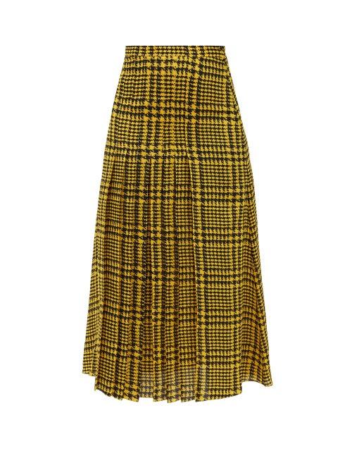 Matchesfashion.com Alessandra Rich - Pleated Houndstooth-print Silk Skirt - Womens - Yellow Print
