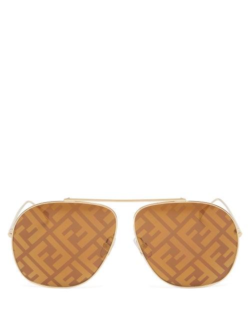 Matchesfashion.com Fendi - Ff-print Aviator Metal Sunglasses - Womens - Brown Gold