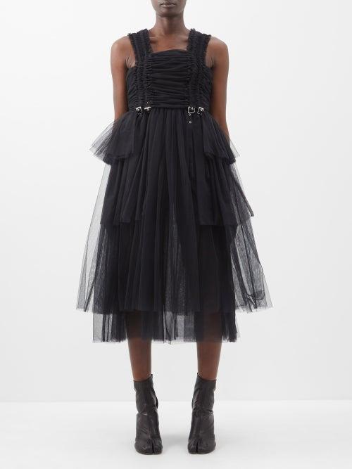 Noir Kei Ninomiya - Ruffled Tulle Midi Dress - Womens - Black