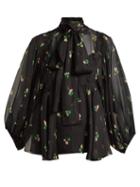 Matchesfashion.com Rochas - Pussy Bow Floral Print Silk Blouse - Womens - Black