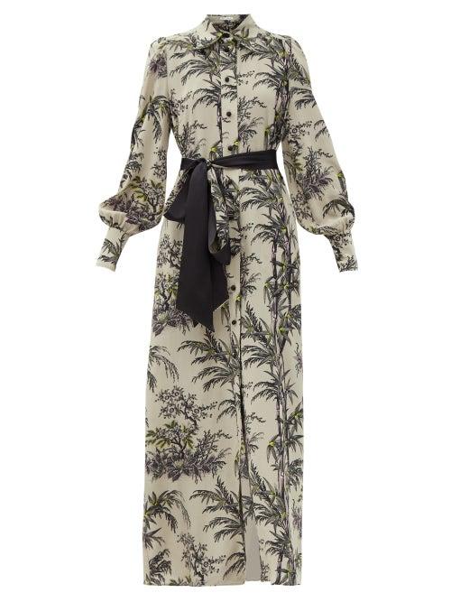 Matchesfashion.com Bella Freud - Mood For Love Chinoiserie-print Silk Shirt Dress - Womens - Grey