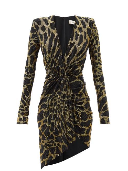 Matchesfashion.com Alexandre Vauthier - Giraffe-print Crystal-studded Plunge-neck Dress - Womens - Gold Multi
