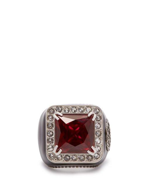 Matchesfashion.com Gucci - Crystal Encrusted Gg Logo Signet Ring - Womens - Red