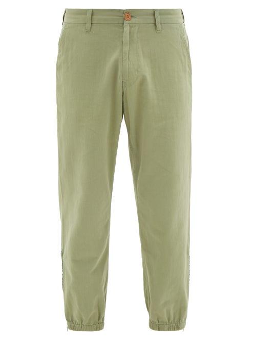 Matchesfashion.com Gucci - Embroidered Lyre Zipped Cuff Cotton Twill Chinos - Mens - Light Green