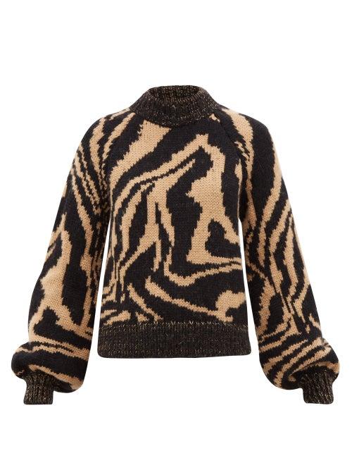 Matchesfashion.com Ganni - Tiger-jacquard Balloon-sleeve Wool-blend Sweater - Womens - Black Multi