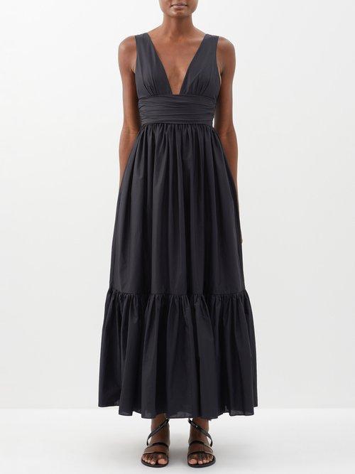 Matteau - Plunge-neck Gathered Organic-cotton Maxi Dress - Womens - Black