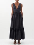 Matteau - Plunge-neck Gathered Organic-cotton Maxi Dress - Womens - Black