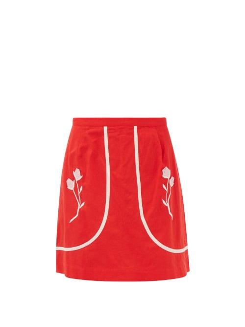 Batsheva - Carter Floral-embroidered Cotton Mini Skirt - Womens - Red Multi