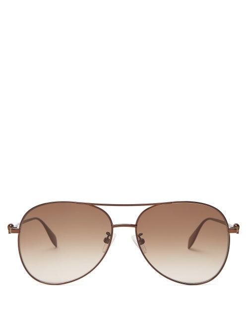 Matchesfashion.com Alexander Mcqueen - Skull Aviator Metal Sunglasses - Mens - Brown