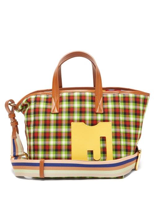 Matchesfashion.com La Doublej - Mini Mama Leather-trimmed Checked Canvas Tote Bag - Womens - Green Multi