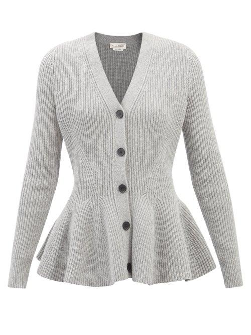 Alexander Mcqueen - Peplum-hem Ribbed Wool-blend Cardigan - Womens - Grey