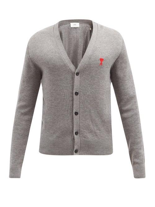 Matchesfashion.com Ami - Ami De Caur-embroidered Merino-wool Cardigan - Mens - Grey