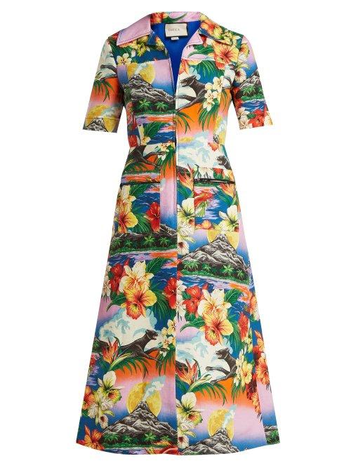 Matchesfashion.com Gucci - Hawaiian Print Collared Linen Midi Dress - Womens - Multi