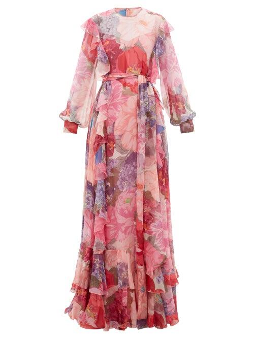 Matchesfashion.com Valentino - Floral-print Ruffled Belted Chiffon Gown - Womens - Multi