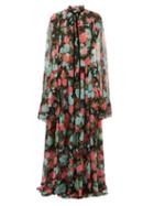 Matchesfashion.com Erdem - Odette Floral Print Cape Sleeve Silk Gown - Womens - Black Multi