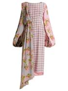Matchesfashion.com Natasha Zinko - Floral Panel Houndstooth Silk Midi Dress - Womens - Pink Multi