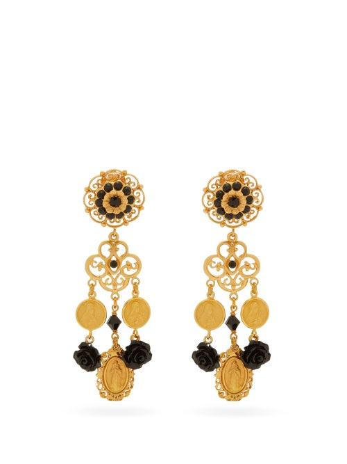 Matchesfashion.com Dolce & Gabbana - Rose And Medallion Gold-plated Clip Earrings - Womens - Black