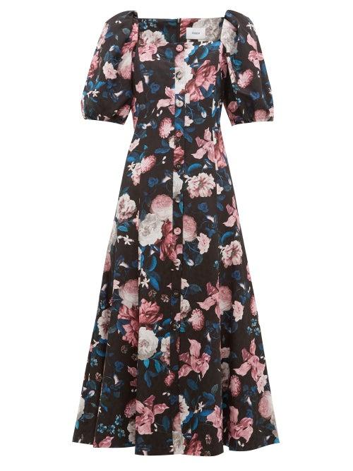 Matchesfashion.com Erdem - Mariona Dusk Bouquet-print Cotton-blend Midi Dress - Womens - Black Pink