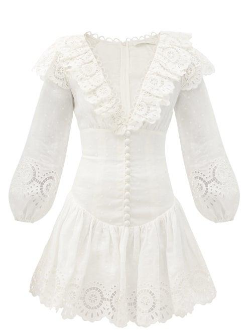 Matchesfashion.com Zimmermann - Bellitude Ruffle-neck Linen Mini Dress - Womens - Ivory