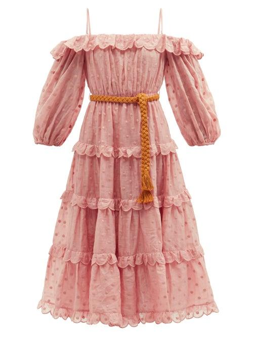 Ladies Beachwear Zimmermann - Mae Ruffled Dot-embroidered Voile Midi Dress - Womens - Light Pink