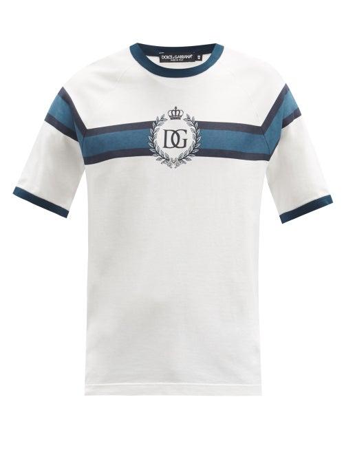 Matchesfashion.com Dolce & Gabbana - Crest-print Striped Cotton-jersey T-shirt - Mens - White Multi