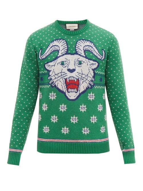 Matchesfashion.com Gucci - Tiger Jacquard Wool Blend Sweater - Mens - Green White