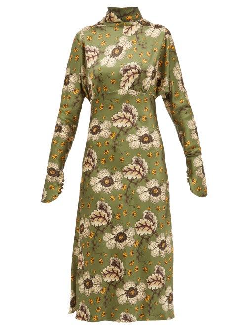 Matchesfashion.com Etro - Leicester Floral Print High Neck Satin Dress - Womens - Green Multi