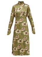 Matchesfashion.com Etro - Leicester Floral Print High Neck Satin Dress - Womens - Green Multi