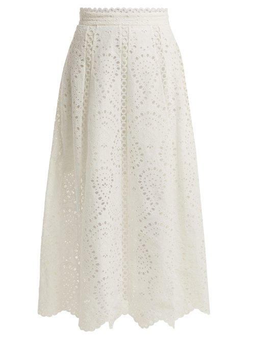 Matchesfashion.com Zimmermann - Heathers Cotton Broderie Anglaise Midi Skirt - Womens - Ivory