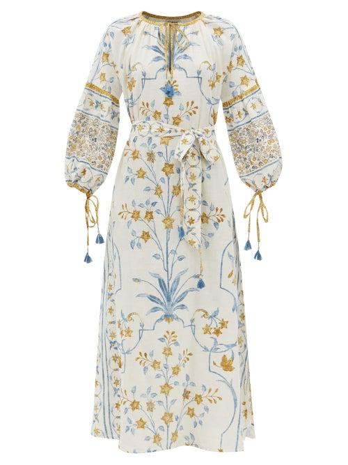 D'ascoli - Aisha Floral-print Cotton-khadi Dress - Womens - Ivory Multi