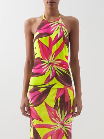 Louisa Ballou - Orchid-print Jersey Halterneck Top - Womens - Yellow Pink