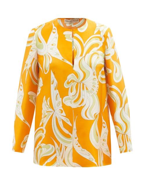 Emilio Pucci - Floral-print Silk-twill Top - Womens - Orange Print