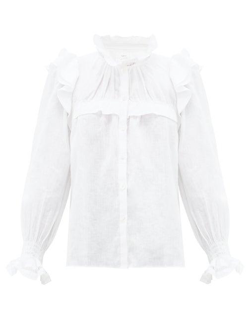 Matchesfashion.com Isabel Marant Toile - Atedy Ruffled Trim Linen Blouse - Womens - White
